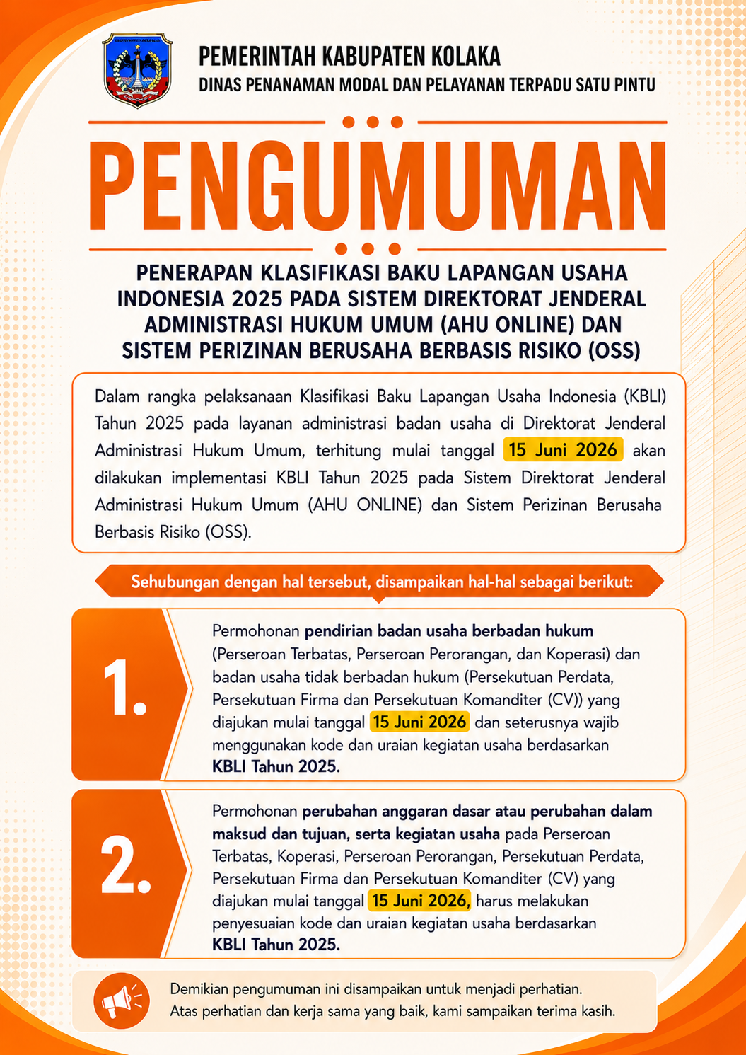 Penerapan KBLI 2025 pada Sistem AHU Online dan OSS Mulai 15 Juni 2026